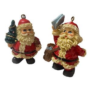 Vintage Lot of 2 Jolly Santas Christmas Ornaments VTG 2.5” Resin Handpainted Set